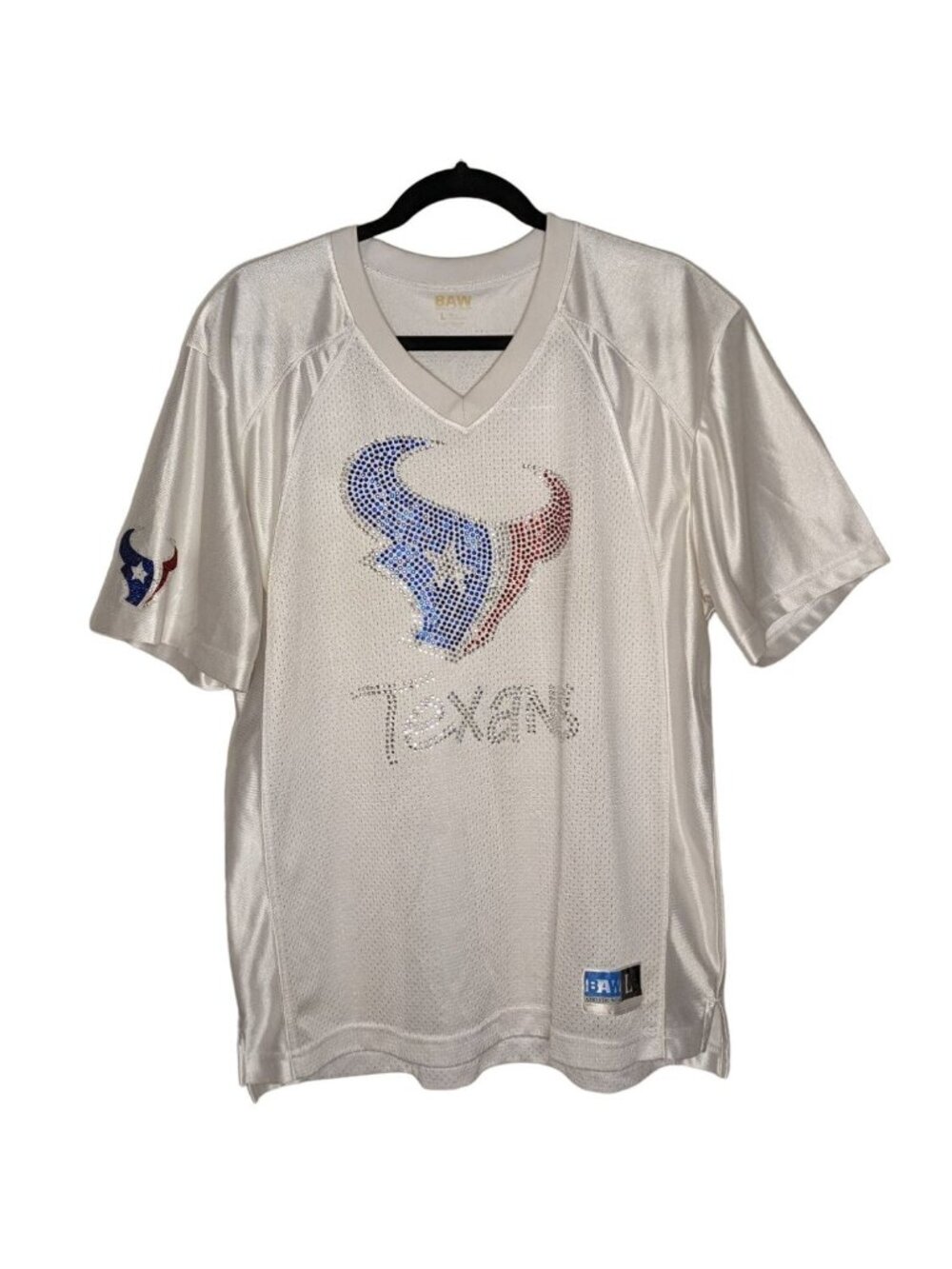 BAW Athletic Wear short sleeve TEXANS sequins Womens Fan WATT 99 Jersey Top L